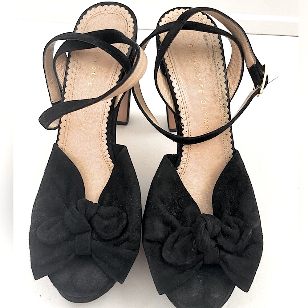 Charlotte Olympia Black Peep Toe Sandal Heels With Bows | Suede Eu39 | Us 8